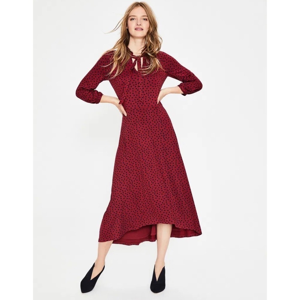 Boden Rosa Burgundy Polka Dot Ruffle Tie‎ Neck High-Low Jersey Midi Dress US 12R